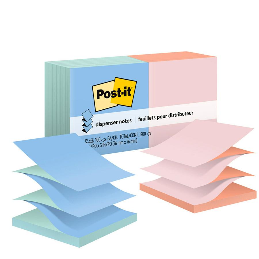Post-it&reg; Dispenser Notes - Alternating Pastel Colors - 1200 - 3" x 3" - Square - 100 Sheets per Pad - Unruled - Fresh Mint, Canary Yellow, Pink Salt, Papaya Fizz - Paper - Refillable, Pop-up, Self. Picture 4
