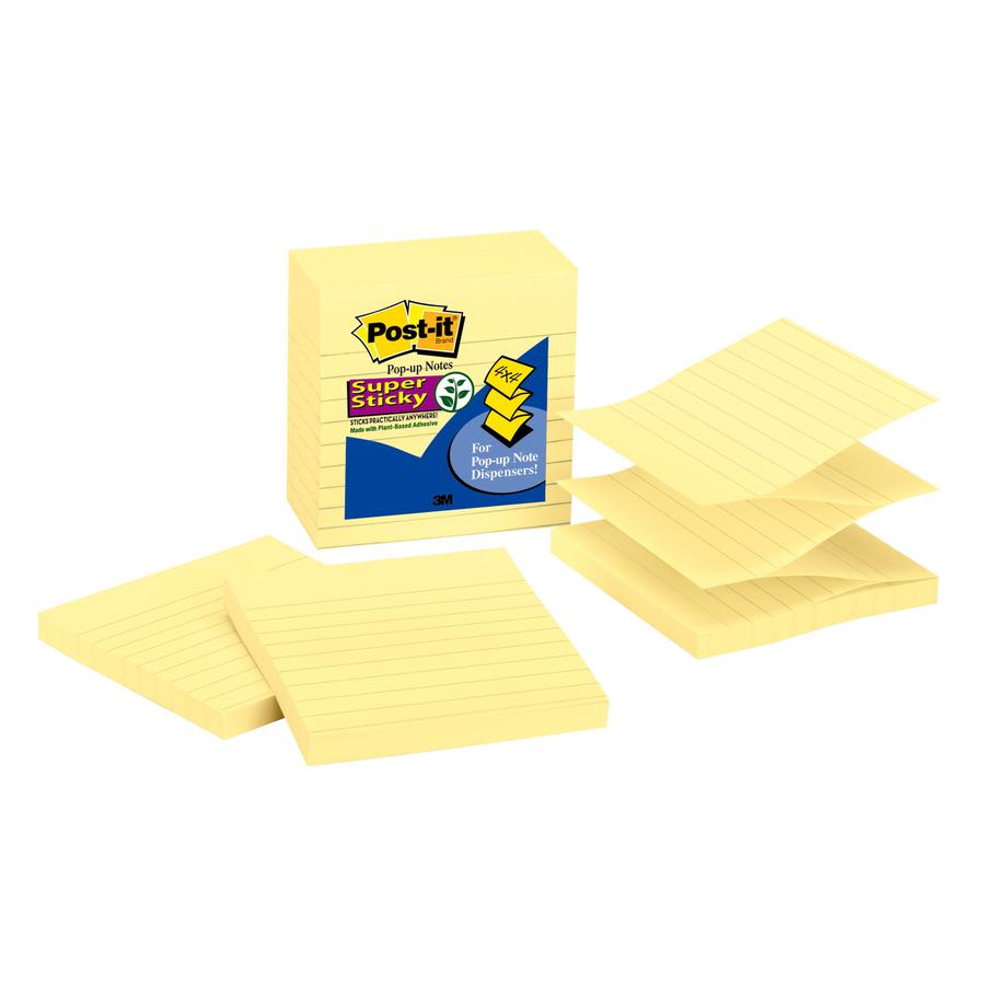 Post-it&reg; Super Sticky Lined Dispenser Notes - 450 - 4" x 4" - Square - 90 Sheets per Pad - Ruled - Canary Yellow - Paper - Pop-up, Self-adhesive - 5 / Pack. Picture 4