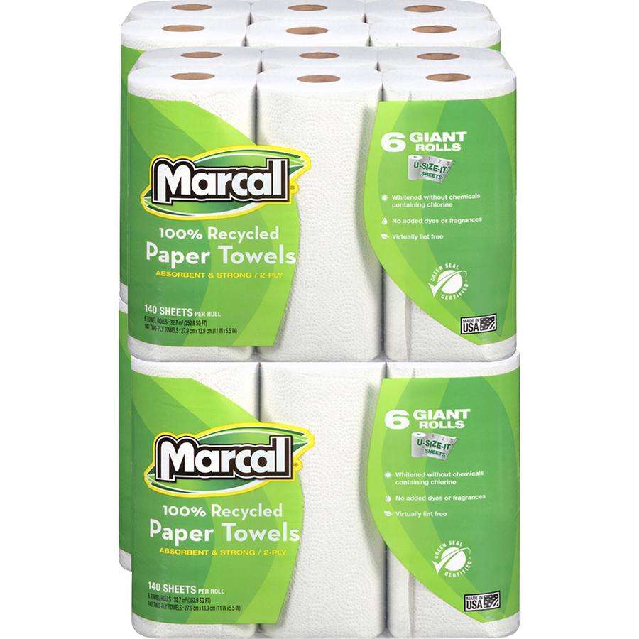 Marcal 100% Recycled, Giant Roll Paper Towels - 2 Ply - 140 Sheets/Roll - White - 6 Per Pack - 4 / Carton. Picture 3