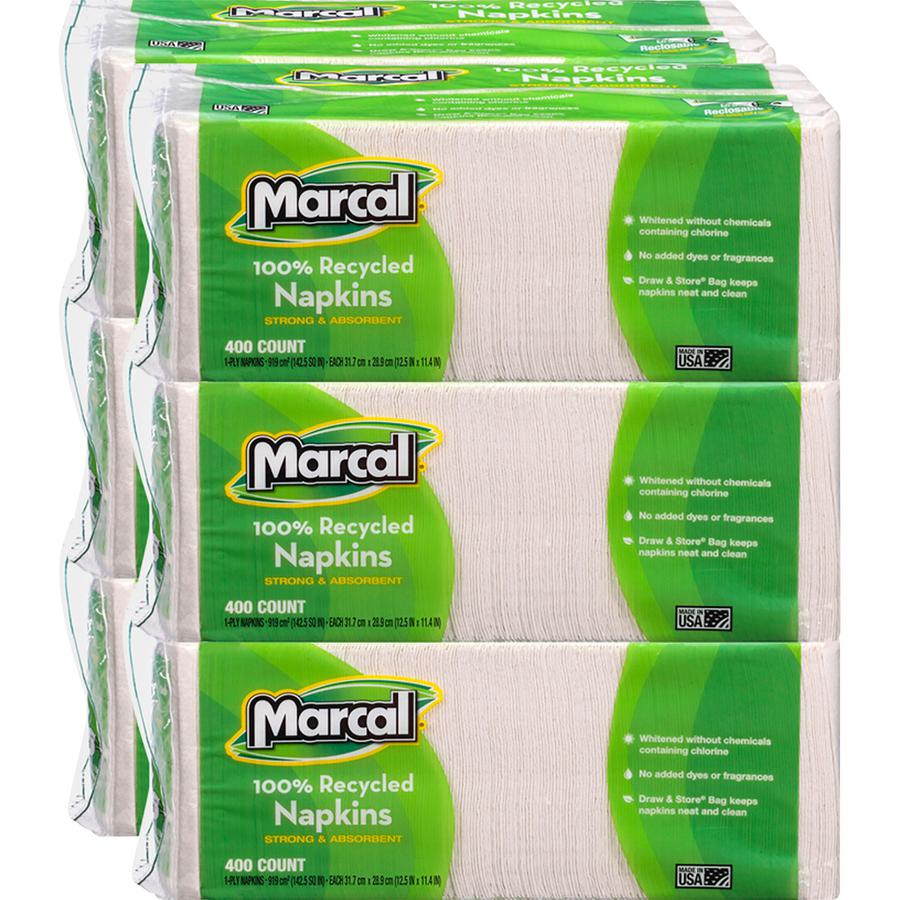 Marcal 100% Recycled Luncheon Napkins - 1 Ply - 12.50" x 11.25" - White - Paper - Soft - For Food Service, Office Building, Lunch - 400 Quantity Per Pack - 2400 / Carton. Picture 2