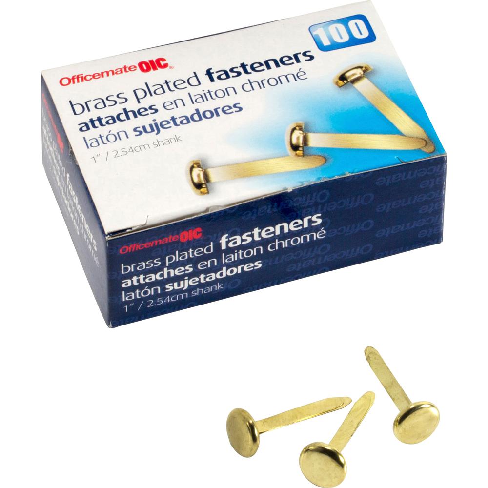 Officemate Brass Plated Round Head Fasteners - 1" Shank - 100 / Box - Brass. Picture 2