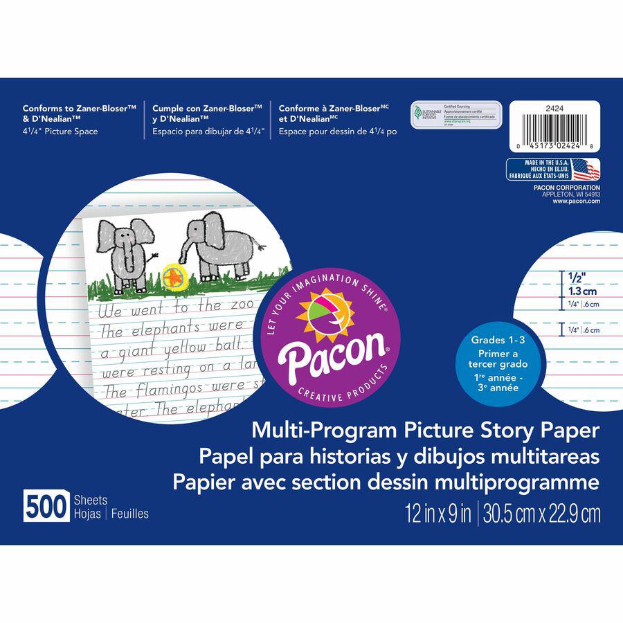 Pacon Multi-program Picture Story Paper - 0.50" Ruled - 4.25" Picture Story Space - Unruled - 12" x 9" - Assorted Cover - Chipboard Cover - Grade, Hard Cover - 500 / Ream. Picture 3