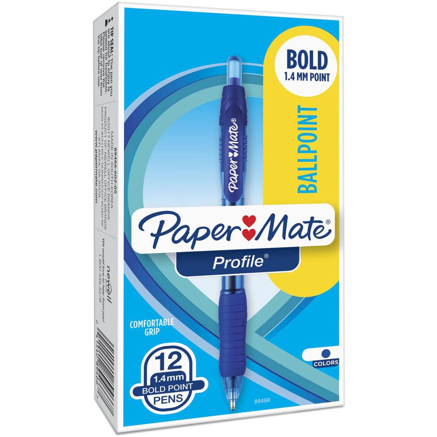 Paper Mate Retractable Profile Ballpoint Pens - Bold Pen Point - 1.4 mm Pen Point Size - Retractable - Blue Gel-based Ink - Blue Barrel - 1 Dozen. Picture 6