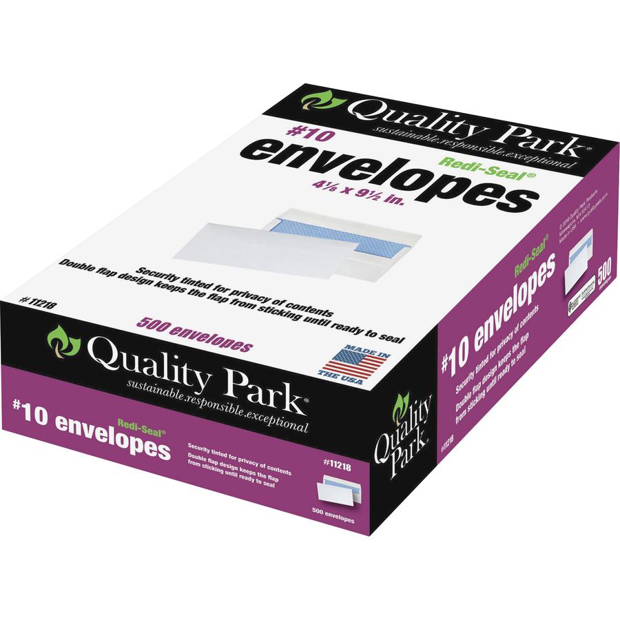 Quality Park Redi-Seal Security Tint Envelopes - Security - #10 - 4 1/8" Width x 9 1/2" Length - 24 lb - Gummed - Wove - 500 / Box - White. Picture 4