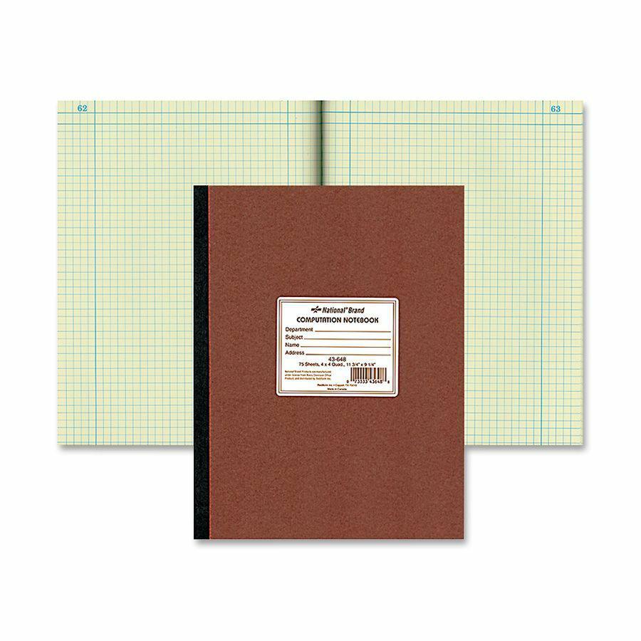Rediform Quad Ruled Lab Computation Notebook - 75 Sheets - Ruled Margin - 9 1/4" x 11 3/4" - Green Paper - BrownPressboard Cover - Numbered - Recycled - 1 Each. Picture 2