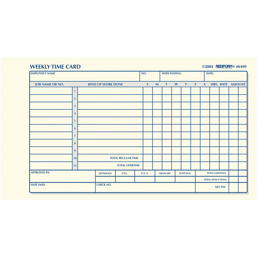 Rediform Weekly Time Cards - 100 Sheet(s) - 1 Part - 7" x 4.25" Sheet Size - White - Manila Sheet(s) - 1 / Pad. Picture 2