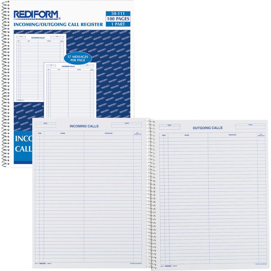 Rediform Incoming/Outgoing Call Register Book - 100 Sheet(s) - Wire Bound - 8.50" x 11" Sheet Size - White - White Sheet(s) - Blue Print Color - Recycled - 1 Each. Picture 2