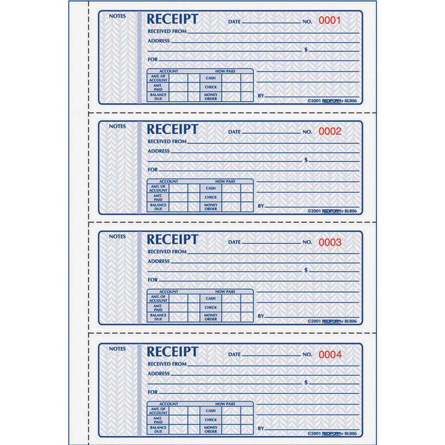 Rediform Receipt Money Collection Forms - 200 Sheet(s) - Book Bound - 2 PartCarbonless Copy - 7" x 2.75" Sheet Size - Assorted Sheet(s) - 1 Each. Picture 2