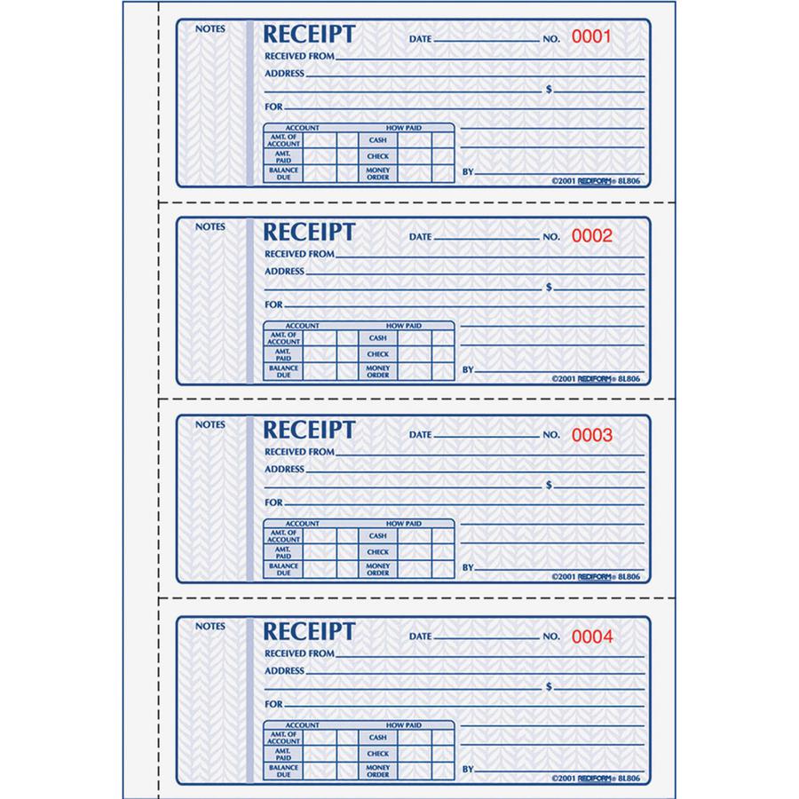 Rediform Money Receipt 4 Per Page Collection Forms - 400 Sheet(s) - 2 PartCarbonless Copy - 7" x 2.75" Sheet Size - White, Yellow - Black Print Color - 1 Each. Picture 2