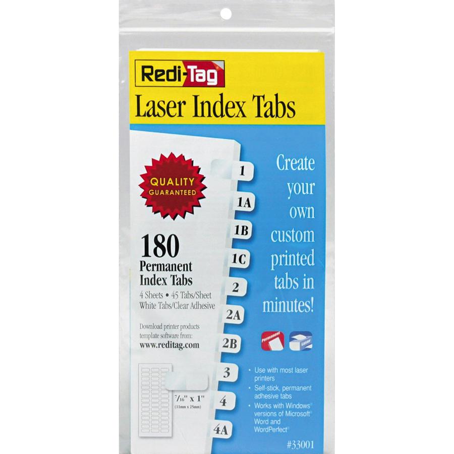 Redi-Tag Laser Printable Index Tabs - 180 Blank Tab(s) - 1" Tab Height x 0.43" Tab Width - Self-adhesive, Permanent - White Tab(s) - 180 / Pack. Picture 2
