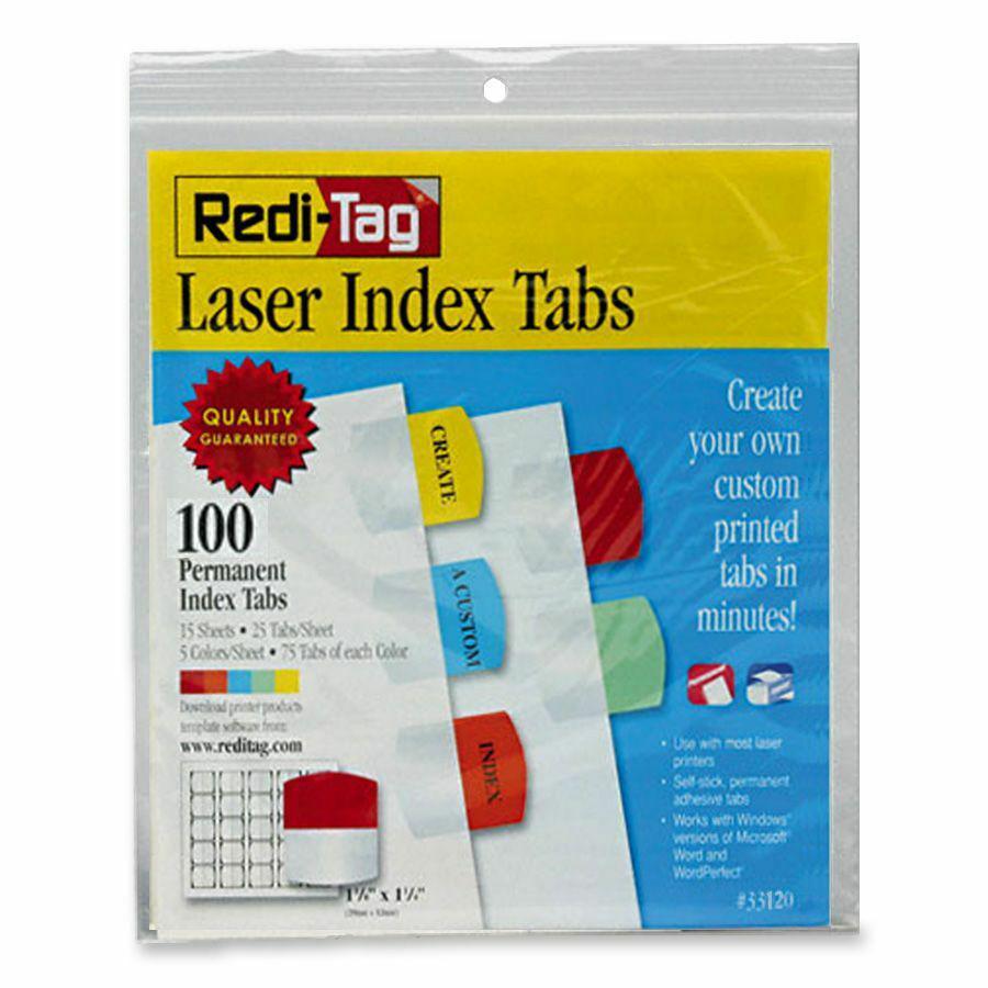 Redi-Tag Laser Printable Index Tabs - 100 Blank Tab(s) - 1.25" Tab Height x 1.12" Tab Width - Self-adhesive, Permanent - Red, Blue, Mint, Orange, Yellow Tab(s) - 100 / Pack. Picture 3