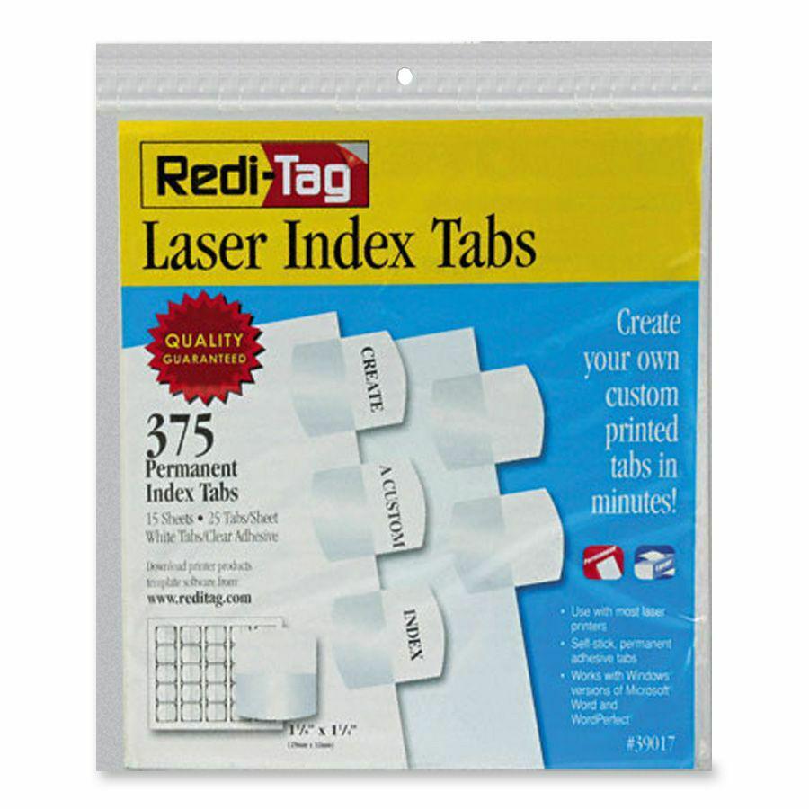 Redi-Tag Laser Printable Index Tabs - 375 Blank Tab(s) - 1.25" Tab Height x 1.12" Tab Width - Self-adhesive, Permanent - White Tab(s) - Non-toxic - 375 / Pack. Picture 3