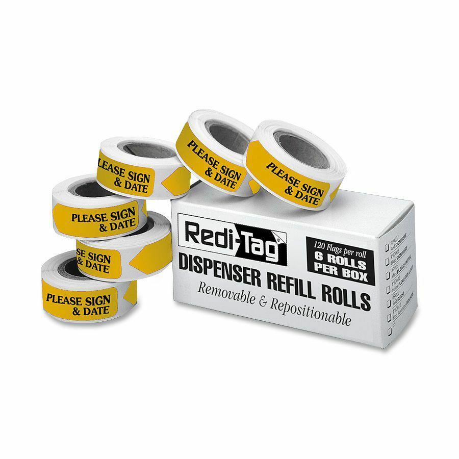 Redi-Tag Sign/Date Tags Refills - 720 x Yellow - 1 7/8" x 9/16" - Arrow - "Please Sign & Date" - Yellow - Removable, Self-adhesive - 6 / Box. Picture 2