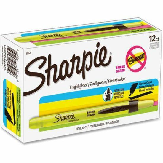 Sharpie Smear Guard Retractable Highlighters - Chisel Marker Point Style - Retractable - Fluorescent Yellow - Yellow Barrel - 1 Dozen. Picture 2