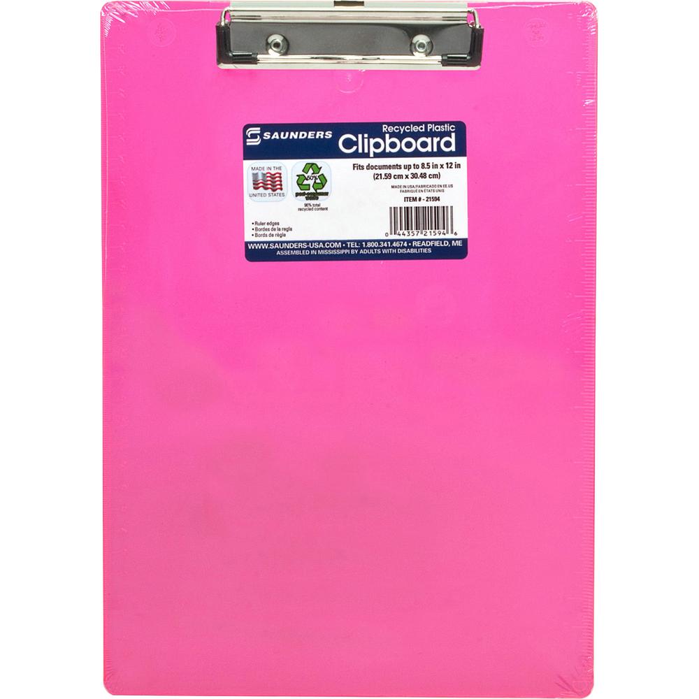 Saunders Neon Plastic Clipboards - 0.50" Clip Capacity - Plastic - Neon Pink - 1 Each. Picture 2