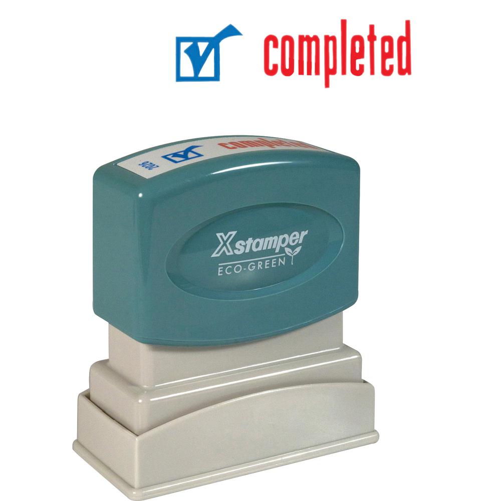 Xstamper Red/Blue COMPLETED Title Stamp - Message Stamp - "COMPLETED" - 0.50" Impression Width - 100000 Impression(s) - Red, Blue - Polymer - Recycled - 1 Each. Picture 2