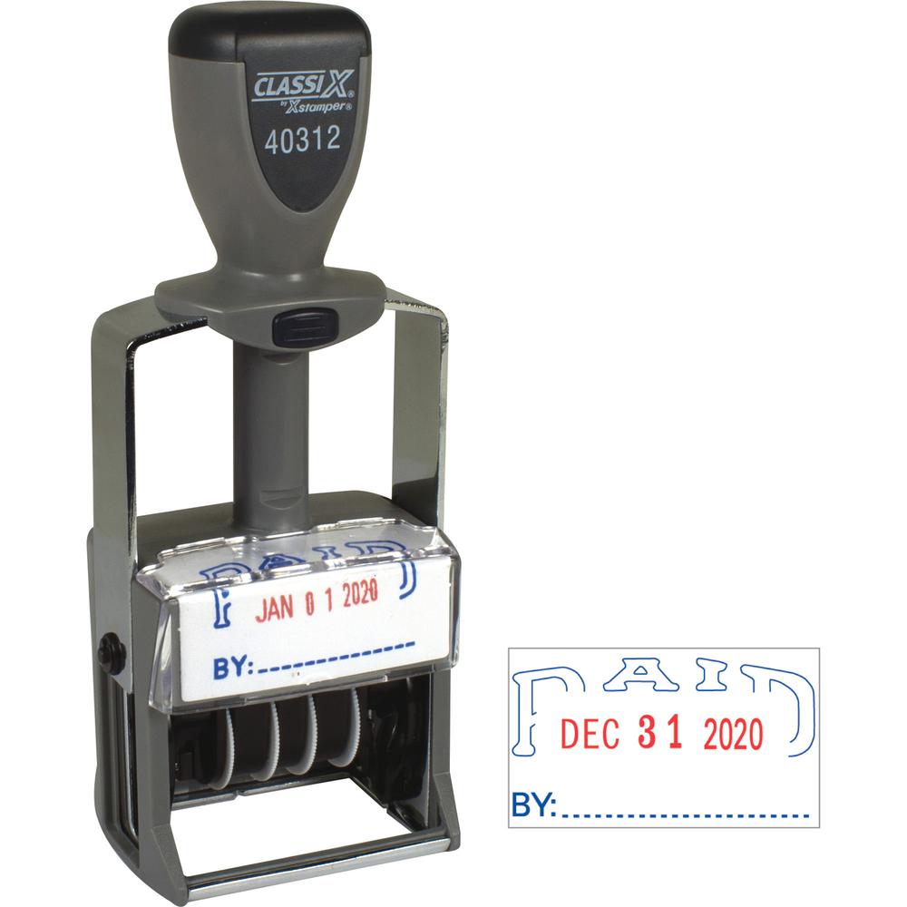 Xstamper Heavy-duty PAID Self-Inking Dater - Message/Date Stamp - "PAID" - Blue, Red - Metal, Plastic Metal - 1 Each. Picture 2