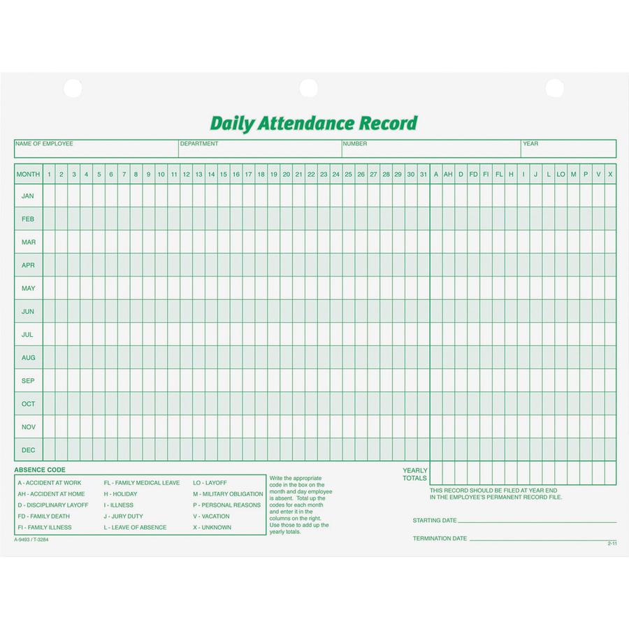 TOPS Daily Employee Attendance Record Form - 50 Sheet(s) - 11" x 8.50" Sheet Size - 3 x Holes - White - White Sheet(s) - Green Print Color - 1 / Pack. Picture 2