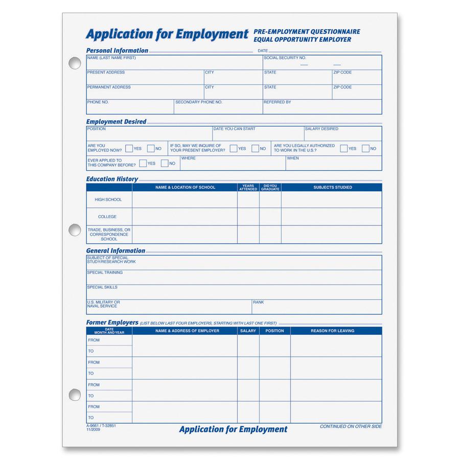 TOPS Employment Application Forms - 50 Sheet(s) - Gummed - 8.50" x 11" Sheet Size - White - White Sheet(s) - Black Print Color - 2 / Pack. Picture 2