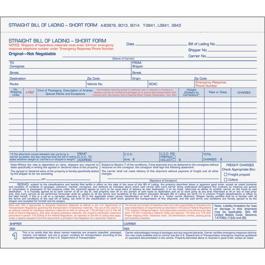 TOPS Bills of Lading Snap-Off Sets - 3 PartCarbonless Copy - 8.50" x 7.44" Sheet Size - White Sheet(s) - Blue, Red Print Color - 50 / Pack. Picture 2