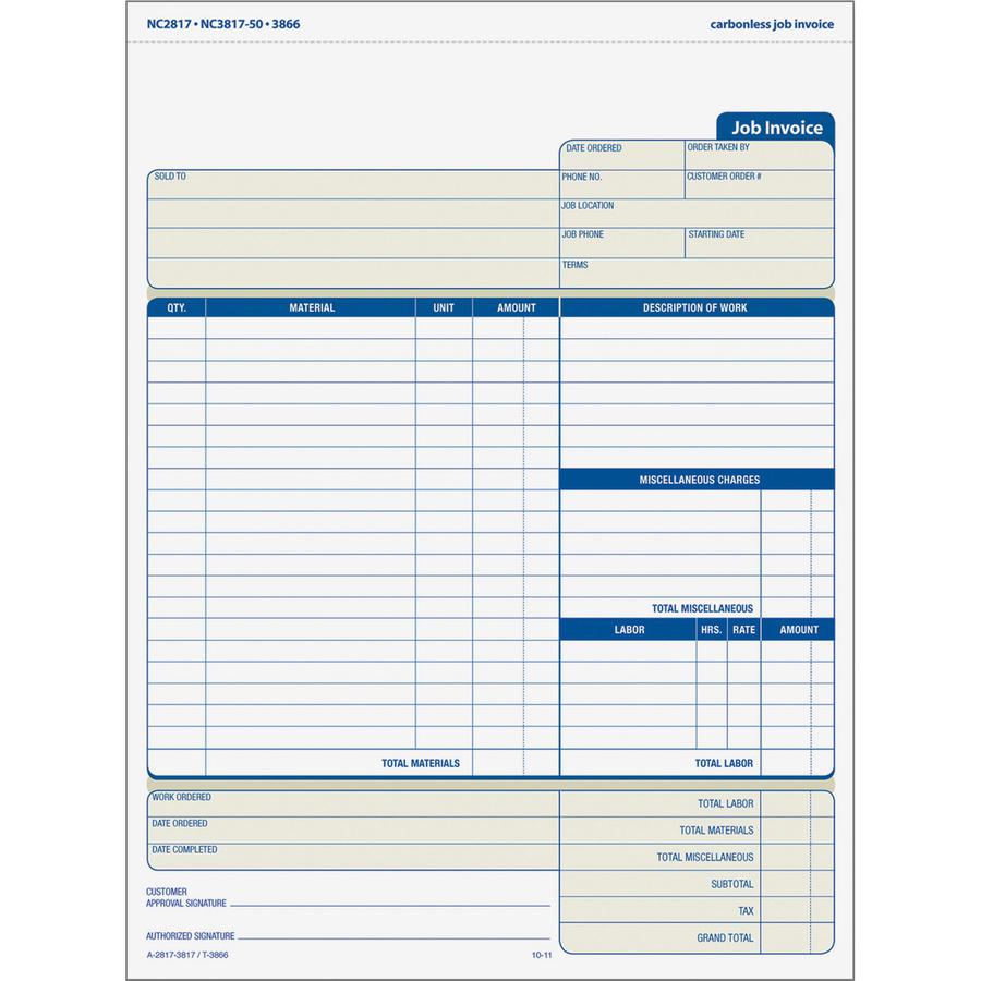 TOPS Three-part Carbonless Job Invoice Forms - 3 PartCarbonless Copy - 8.50" x 11" Sheet Size - White, Canary, Manila - Assorted Sheet(s) - Blue Print Color - 50 / Pack. Picture 2
