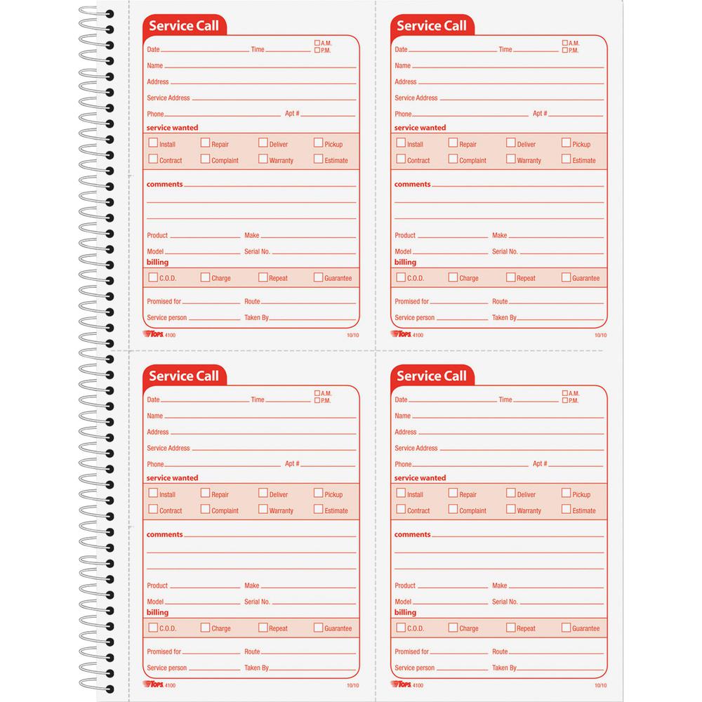 TOPS Service Call 2-part Spiral Message Slip Book - 200 Sheet(s) - Spiral Bound - 2 PartCarbonless Copy - 5.50" x 4" Form Size - 8.25" x 11" Sheet Size - White, Canary - Red Print Color - 1 Each. Picture 2