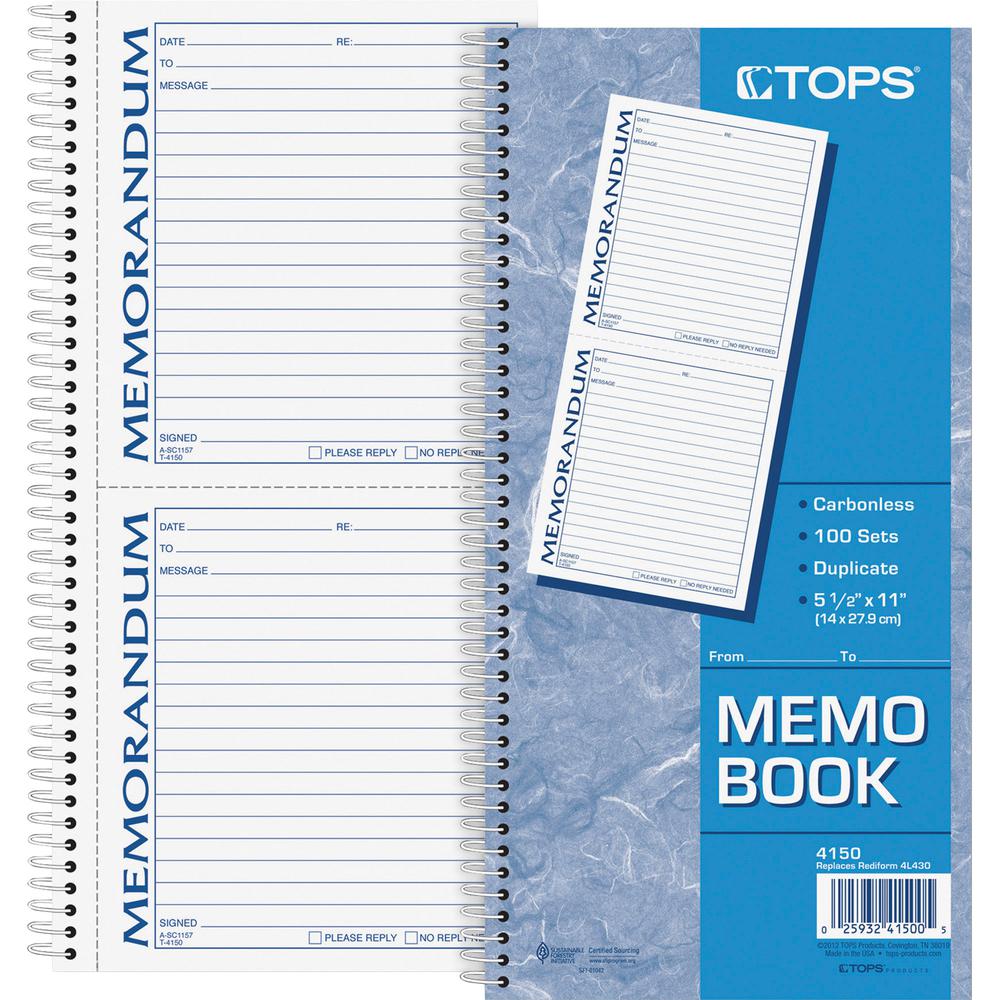 TOPS Memorandum Forms Book - 100 Sheet(s) - Spiral Bound - 2 PartCarbonless Copy - 5.50" x 5" Form Size - 5.50" x 11" Sheet Size - White, Canary - Assorted Sheet(s) - Blue, Red Print Color - 1 Each. Picture 3