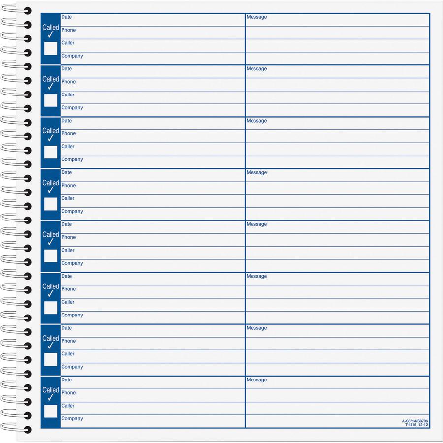 TOPS Spiral Bound Voice Message Log Book - 50 Sheet(s) - 8.25" x 8.50" Sheet Size - White - White Sheet(s) - 1 Each. Picture 5