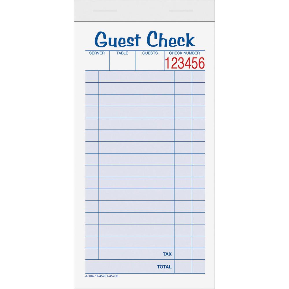 TOPS 2-part Carbonless Guest Check Books - 2 Part - 3.37" x 5.50" Sheet Size - Blue, Green, Red Print Color - 10 / Pack. Picture 2