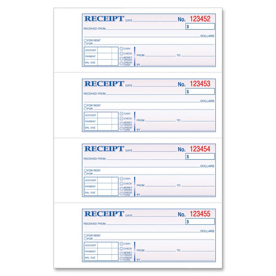 TOPS Money/Rent Receipt Book - 2 PartCarbonless Copy - 2.75" x 7.25" Sheet Size - Assorted Sheet(s) - Blue Print Color - 1 Each. Picture 4