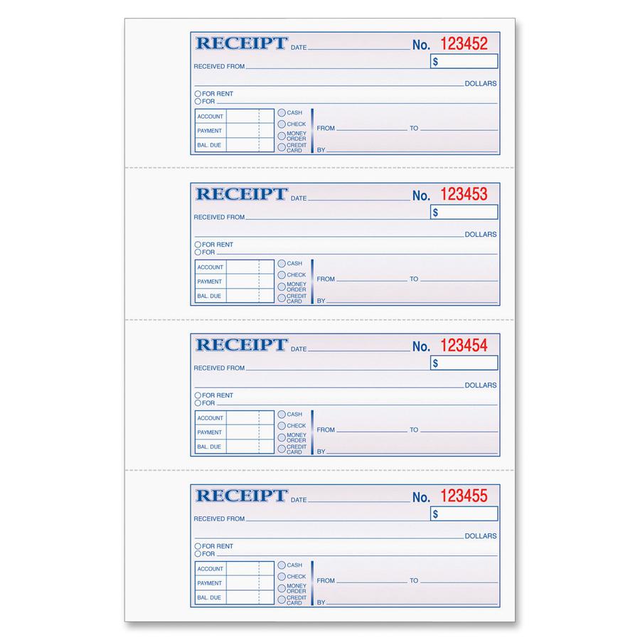 TOPS Money/Rent Receipt Book - 3 PartCarbonless Copy - 2.75" x 7.25" Sheet Size - Assorted Sheet(s) - Blue Print Color - 1 Each. Picture 3