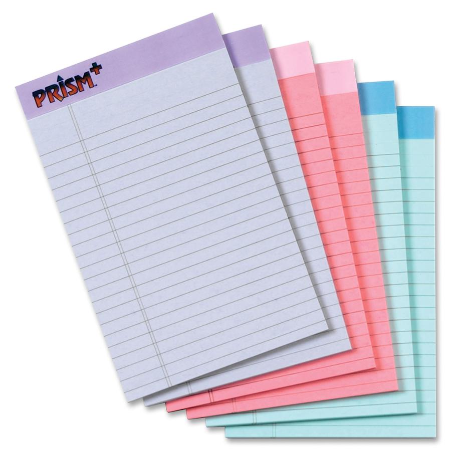 TOPS Prism Plus Legal Pads - Jr.Legal - 50 Sheets - 0.28" Ruled - 16 lb Basis Weight - Jr.Legal - 5" x 8" - Assorted Paper - Perforated, Hard Cover, Rigid, Easy Tear - 6 / Pack. Picture 2