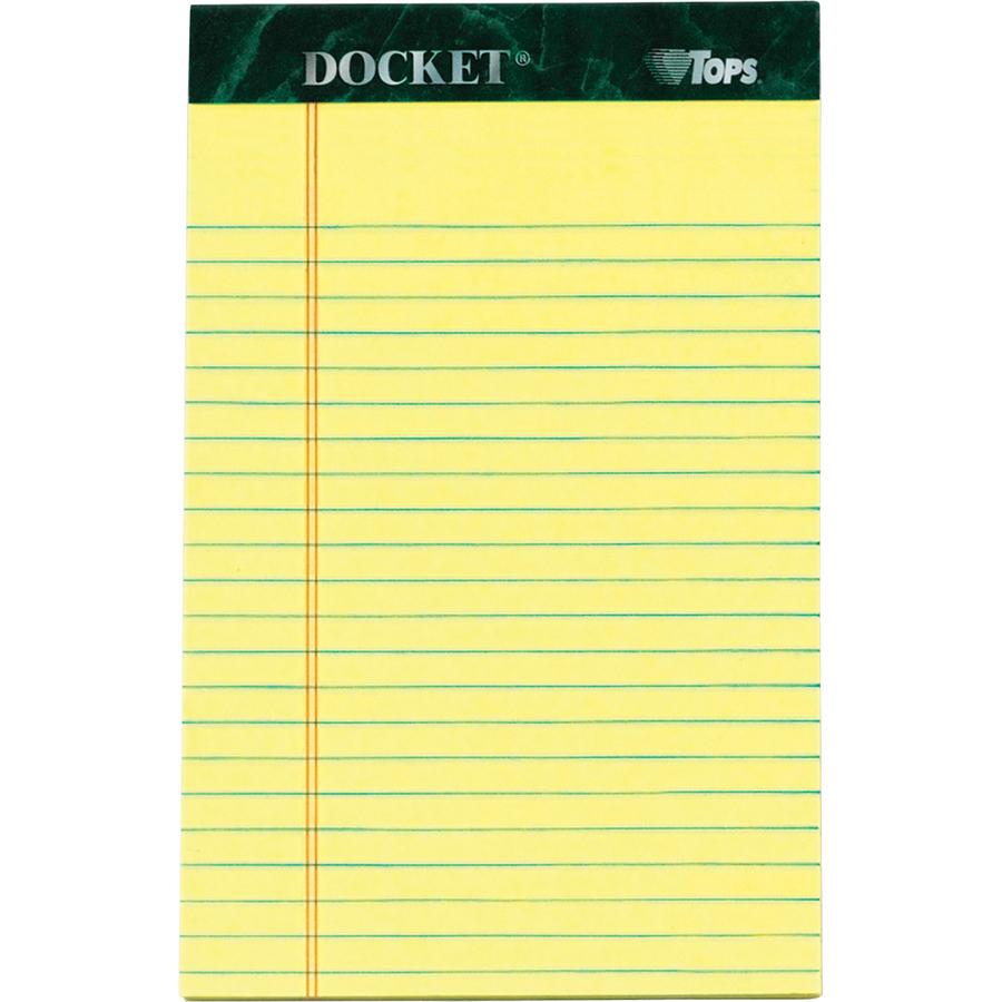 TOPS Jr. Legal Rule Docket Writing Pads - 50 Sheets - Double Stitched - 0.28" Ruled - 16 lb Basis Weight - Jr.Legal - 5" x 8" - Canary Paper - Hard Cover, Perforated, Easy Tear, Sturdy Back, Resist Bl. Picture 2