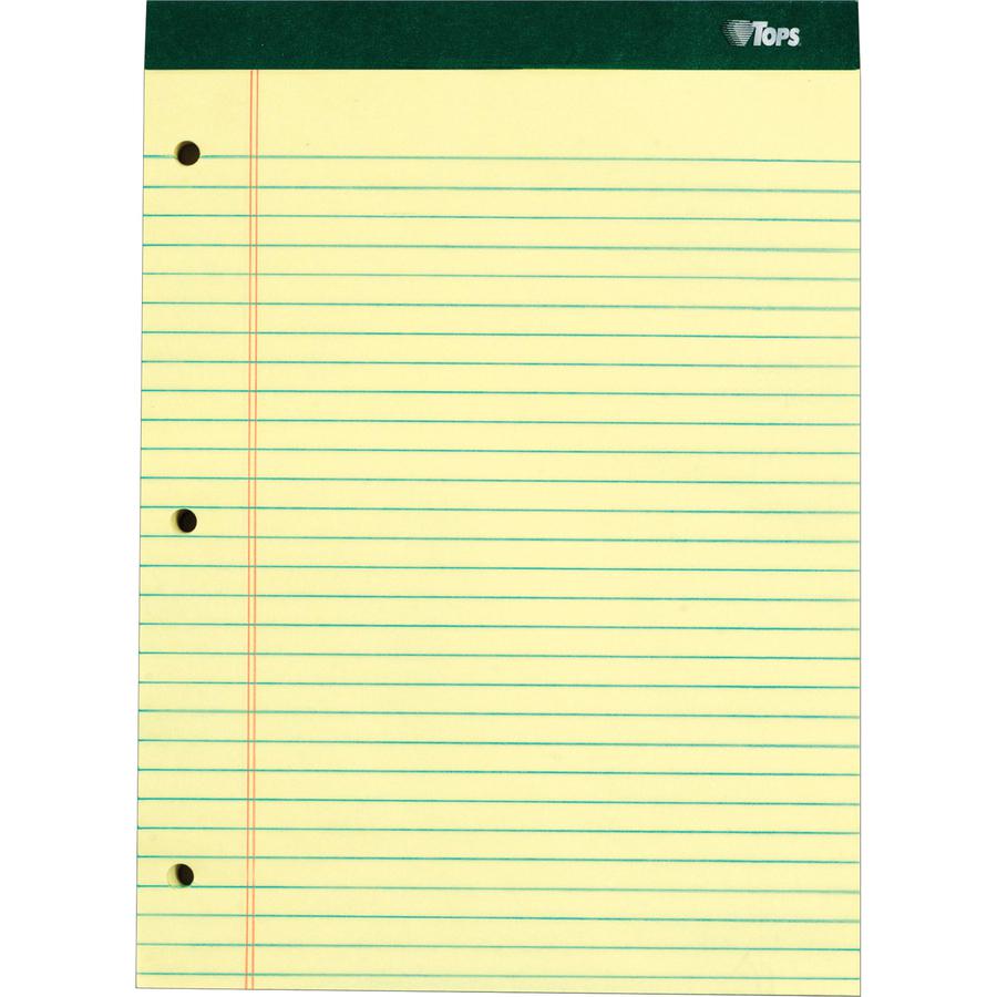 TOPS Perforated 3 Hole Punched Ruled Docket Legal Pads - 100 Sheets - Double Stitched - 0.34" Ruled - 16 lb Basis Weight - 8 1/2" x 11 3/4" - Canary Paper - Marble Green Binding - Perforated, Hard Cov. Picture 2