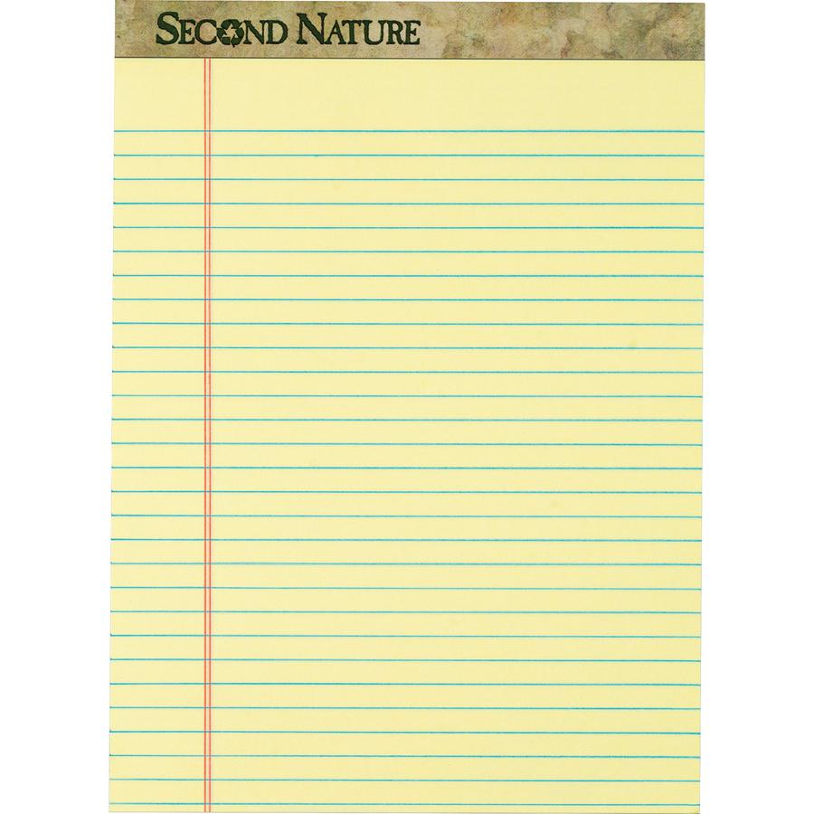 TOPS Second Nature Ruled Canary Writing Pads - 50 Sheets - 0.34" Ruled Red Margin - 15 lb Basis Weight - 8 1/2" x 11 3/4" - Canary Paper - Perforated, Resist Bleed-through, Easy Tear - Recycled - 12 /. Picture 2