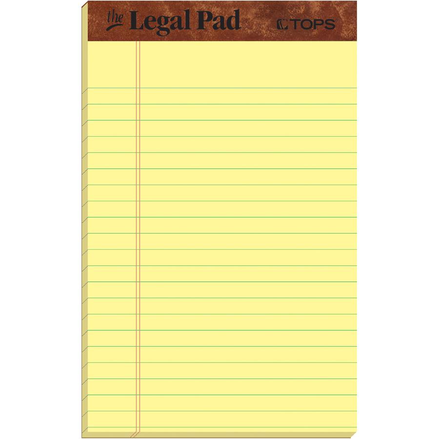 TOPS The Legal Pad Writing Pad - 50 Sheets - Double Stitched - 0.28" Ruled - 16 lb Basis Weight - Jr.Legal - 5" x 8" - Canary Paper - Chipboard Cover - Perforated, Hard Cover, Removable - 1 Dozen. Picture 3