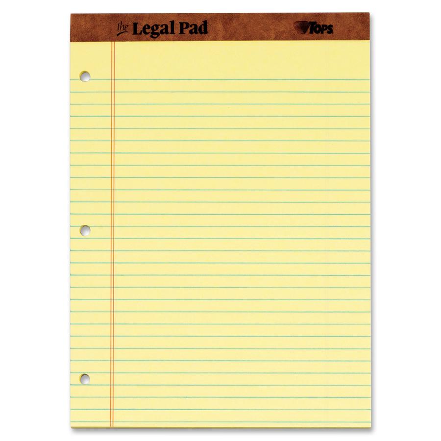TOPS The Legal Pad Writing Pad - 50 Sheets - Double Stitched - 0.34" Ruled - 16 lb Basis Weight - 8 1/2" x 11 3/4" - Canary Paper - Perforated, Punched, Hard Cover - 1 Dozen. Picture 3