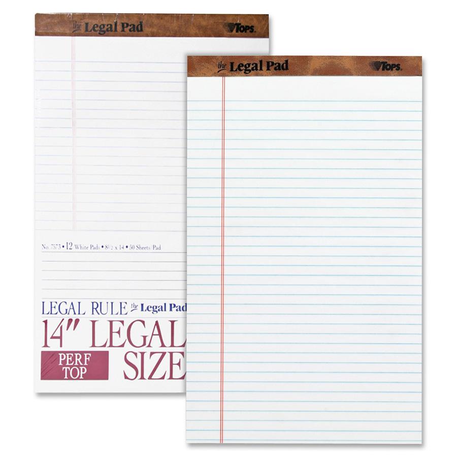 TOPS The Legal Pad Writing Pad - 50 Sheets - Double Stitched - 0.34" Ruled - 16 lb Basis Weight - Legal - 8 1/2" x 14" - White Paper - Chipboard Cover - Perforated, Hard Cover, Removable - 1 Dozen. Picture 2