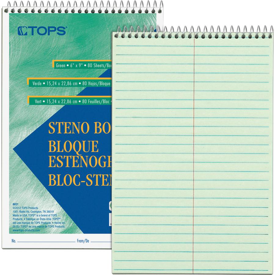 TOPS Green Tint Steno Books - 80 Sheets - Wire Bound - Ruled - 6" x 9" - Green Paper - Hardboard Cover - WireLock - 1 Each. Picture 5