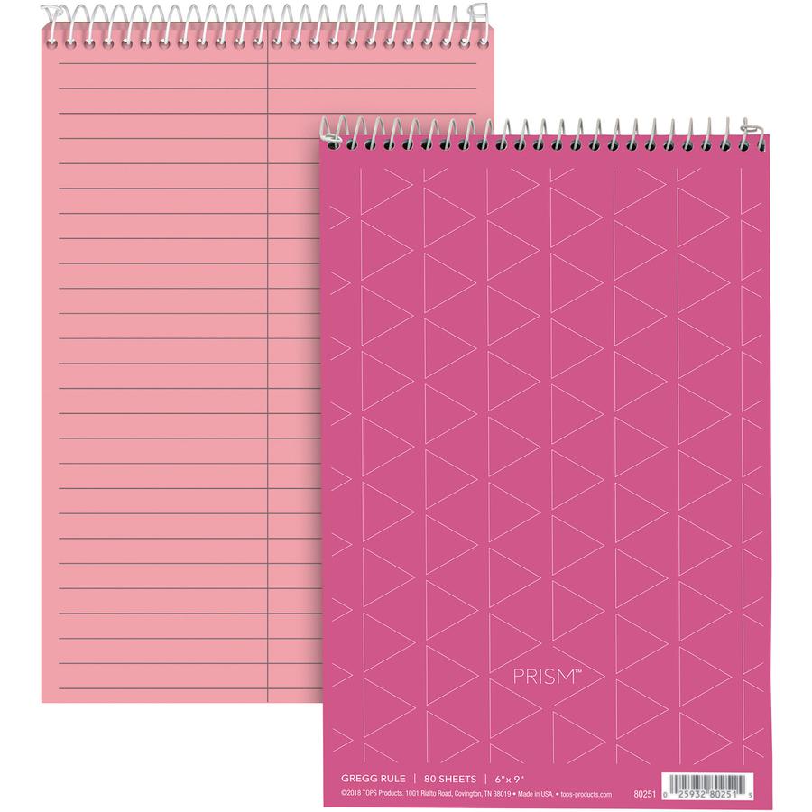 TOPS Prism Steno Books - 80 Sheets - Wire Bound - Gregg Ruled - 6" x 9" - Pink Paper - Perforated, Stiff-back, WireLock - 4 / Pack. Picture 3