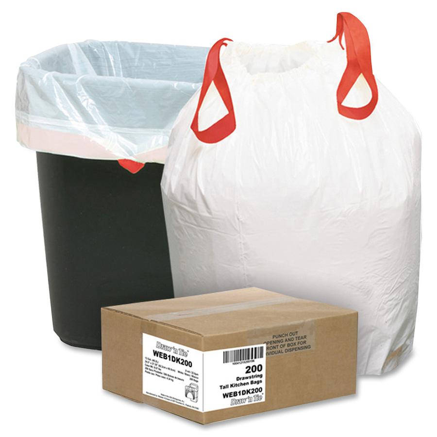 Webster 13 Gallon Drawstring Trash Bags - Small Size - 13 gal - 24.50" Width x 27.38" Length - 0.90 mil (23 Micron) Thickness - White - Resin - 200/Carton. Picture 2