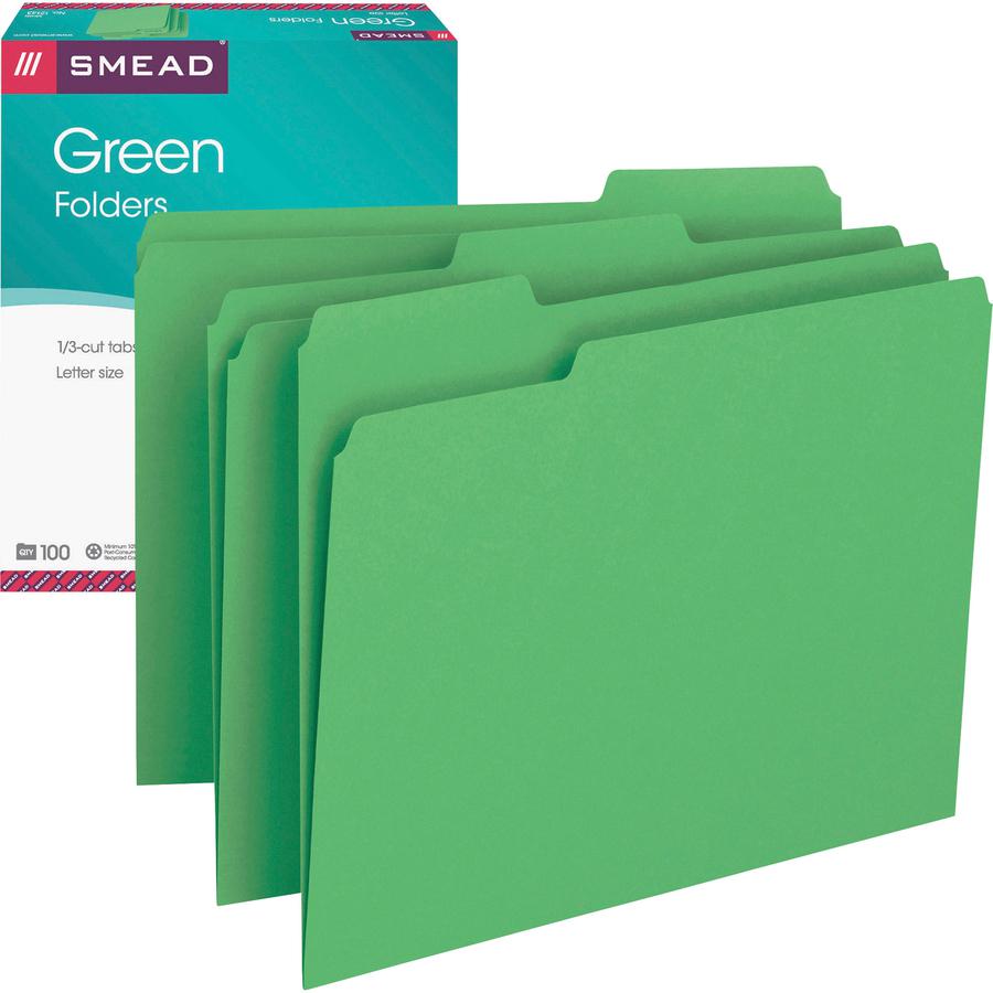 Smead Colored 1/3 Tab Cut Letter Recycled Top Tab File Folder - 8 1/2" x 11" - 3/4" Expansion - Top Tab Location - Assorted Position Tab Position - Green - 10% Recycled - 100 / Box. Picture 10