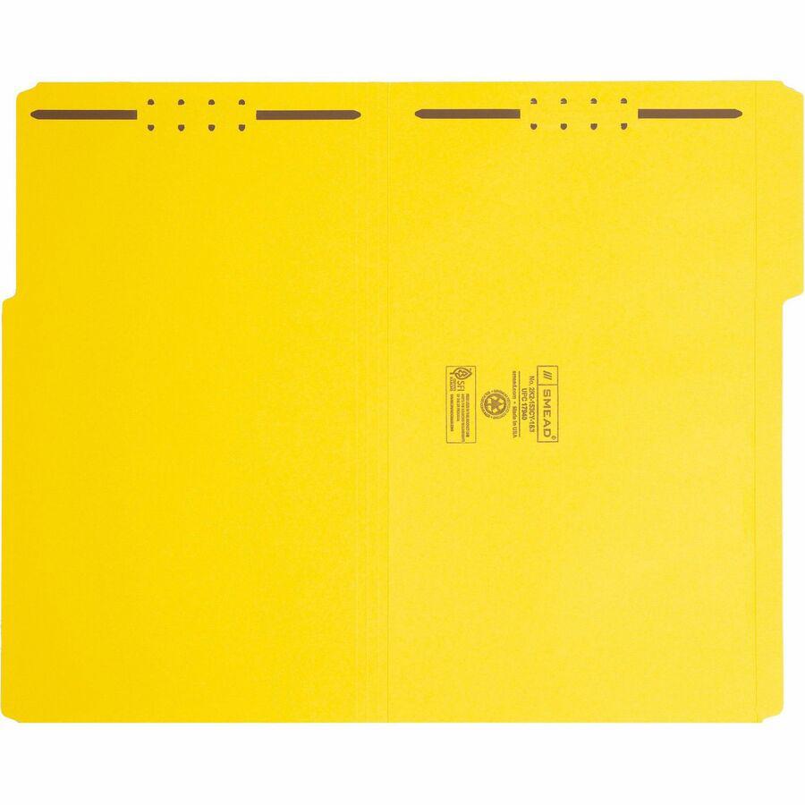 Smead Colored 1/3 Tab Cut Legal Recycled Fastener Folder - 8 1/2" x 14" - 2 x 2K Fastener(s) - 2" Fastener Capacity for Folder - Top Tab Location - Assorted Position Tab Position - Yellow - 10% Recycl. Picture 11