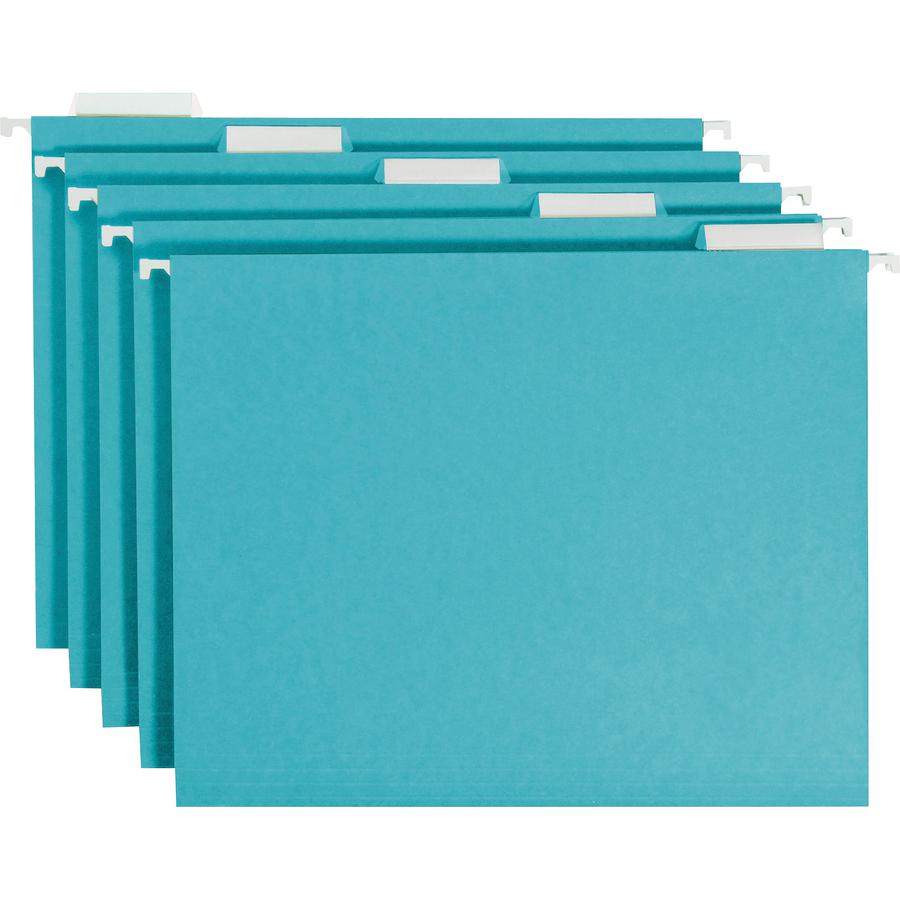 Smead Colored 1/5 Tab Cut Letter Recycled Hanging Folder - 8 1/2" x 11" - Top Tab Location - Assorted Position Tab Position - Vinyl - Teal - 10% Recycled - 25 / Box. Picture 10