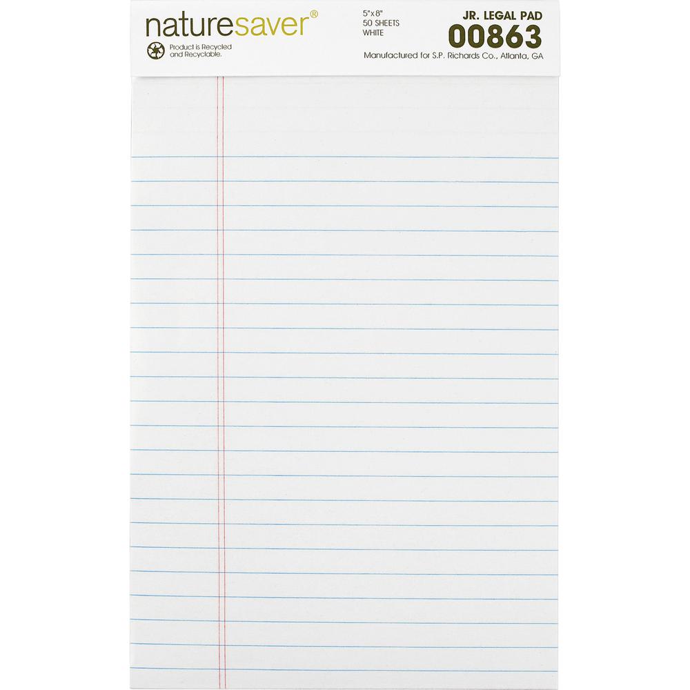 Nature Saver 100% Recycled White Jr. Rule Legal Pads - Jr.Legal - 50 Sheets - 0.28" Ruled - 15 lb Basis Weight - Jr.Legal - 5" x 8" - White Paper - Perforated, Back Board - Recycled - 1 Dozen. Picture 7