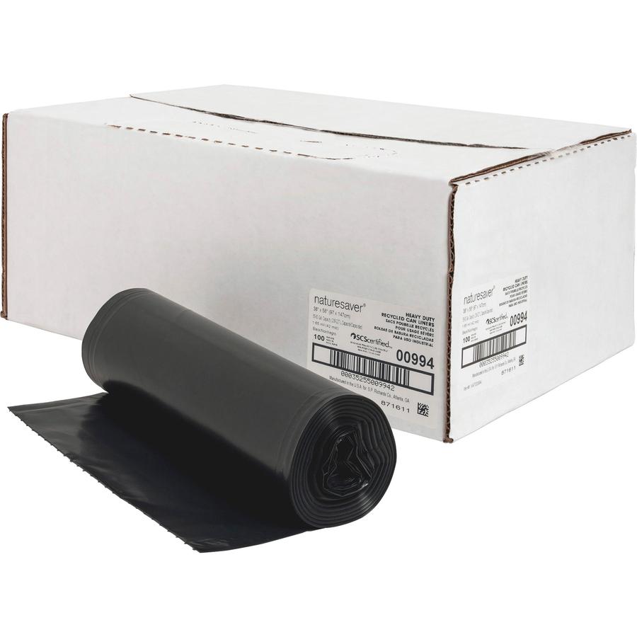Nature Saver Black Low-density Recycled Can Liners - Extra Large Size - 60 gal - 38" Width x 58" Length x 1.65 mil (42 Micron) Thickness - Low Density - Black - Plastic - 100/Carton - Cleaning Supplie. Picture 3