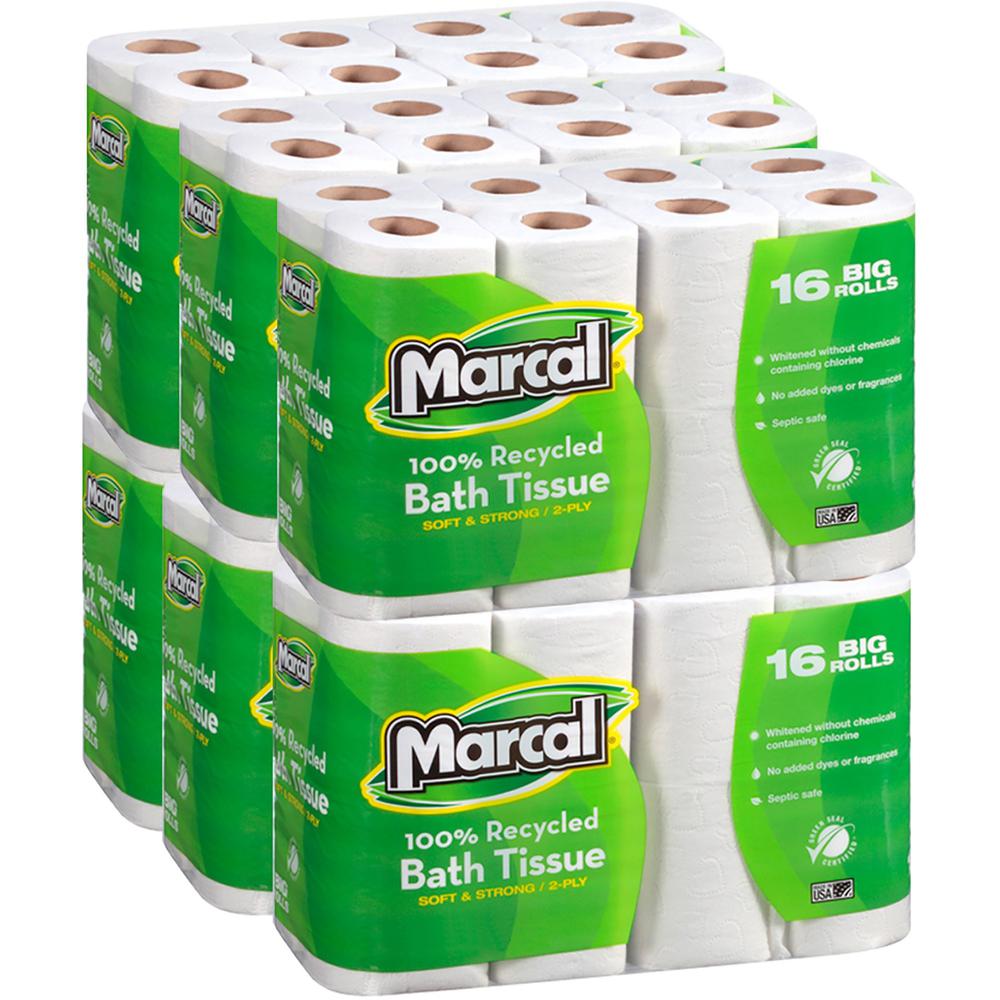 Marcal 100% Recycled Soft/Strong Bath Tissue - 2 Ply - 4.20" x 3.60" - 168 Sheets/Roll - White - 16 Rolls Per Container - 6 / Carton. Picture 2