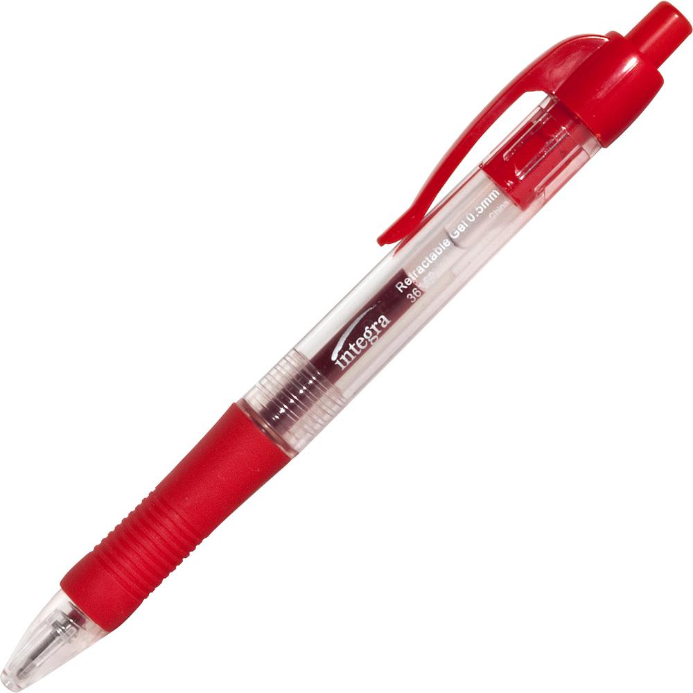 Integra Retractable 0.5mm Gel Pens - Fine Pen Point - 0.5 mm Pen Point Size - Retractable - Red - Red Barrel - Metal Tip - 1 Dozen. Picture 4