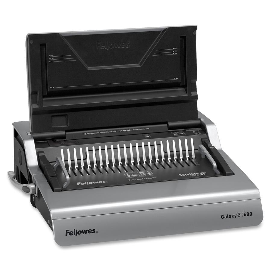 Fellowes Galaxy-E&trade; 500 Electric Comb Binding Machine w/ Starter Kit - CombBind - 500 Sheet(s) Bind - 28 Punch - Letter - 6.5" x 19.6" x 17.8" - Metallic Silver, Black. Picture 4
