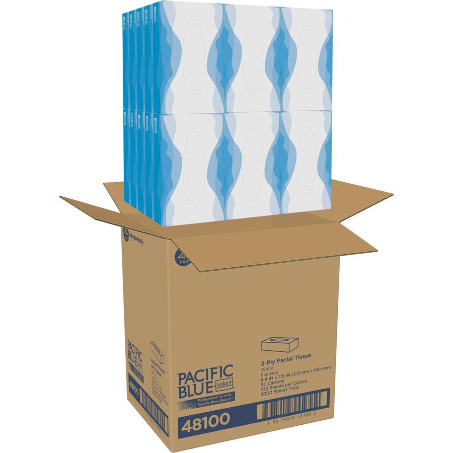 Pacific Blue Select Facial Tissue by GP Pro - Flat Box - 2 Ply - 8.33" x 8" - White - Paper - 100 Per Box - 30 / Carton. Picture 4